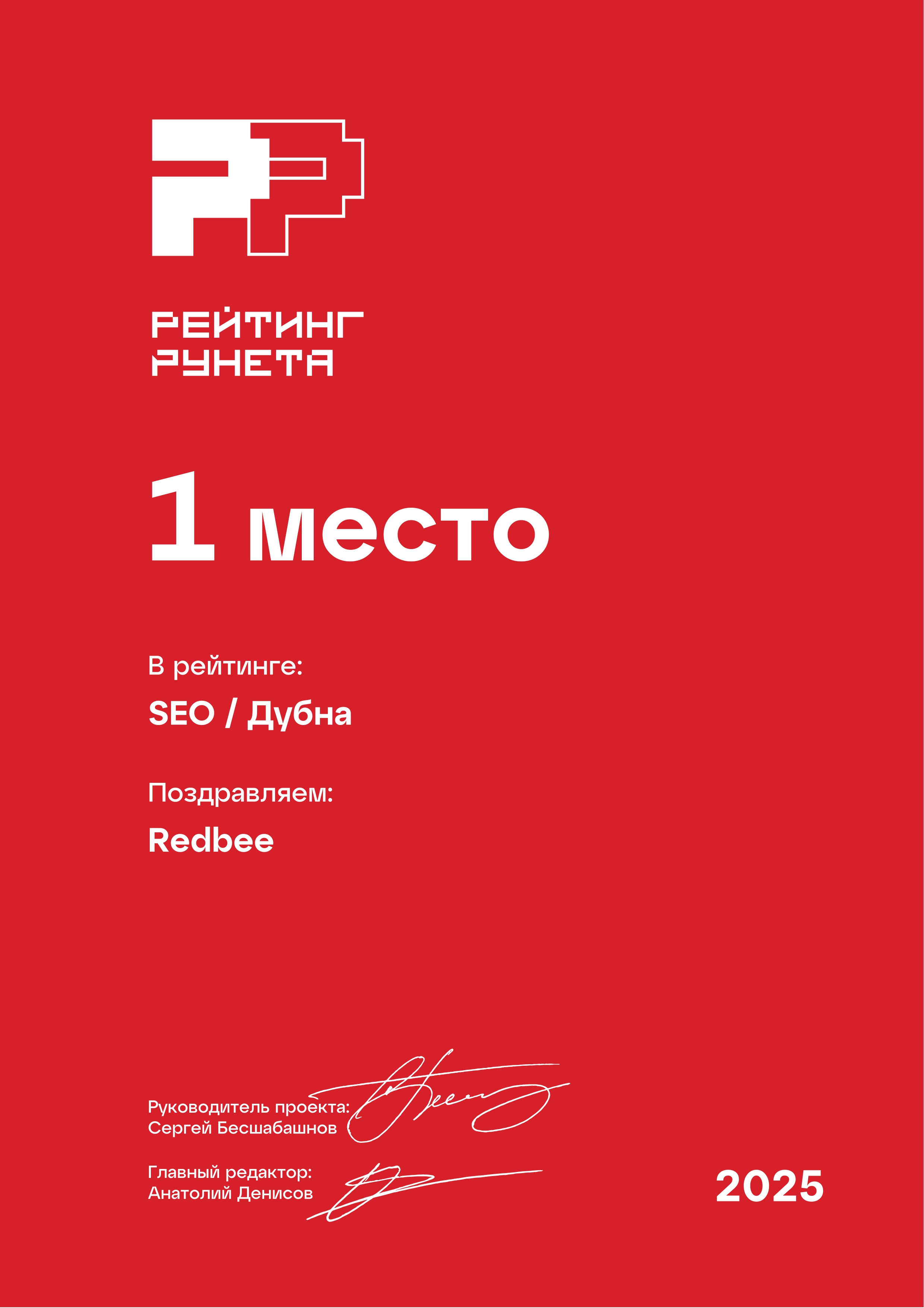 Рейтинг Рунета 2025: SEO - Дубна - 1 место