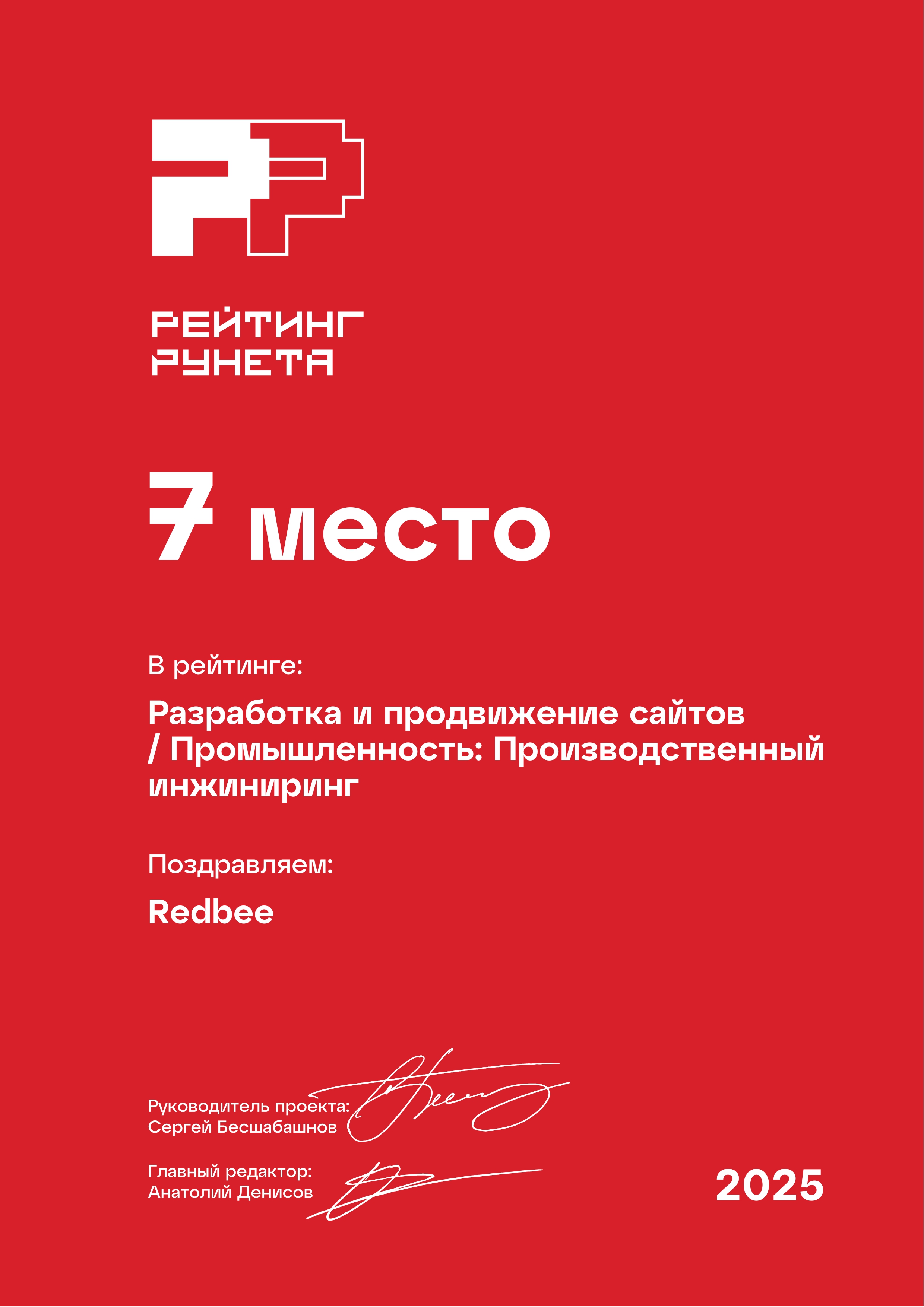 Рейтинг Рунета 2025: Разработка и продвижение сайтов - Промышленность (Производственный инжиниринг) - 7 место